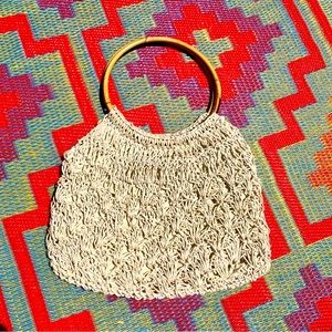 VINTAGE 70’s Italian Boho Cream Macrame Crochet Bamboo Circle Handle Bag Purse